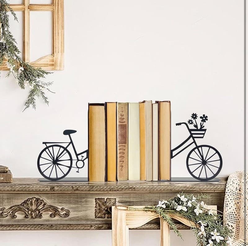 Bicycle Metal Bookends, Black Floral Bike Decorative Book Ends for Shelves - Thumbnail 2