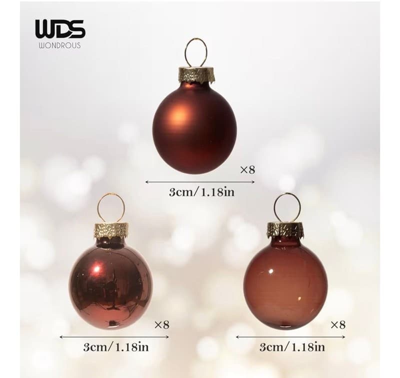 WDS WONDROUS Brown Glass Christmas Ball Ornaments - Set of 24 - 1.18" Mini Xmas - Thumbnail 5