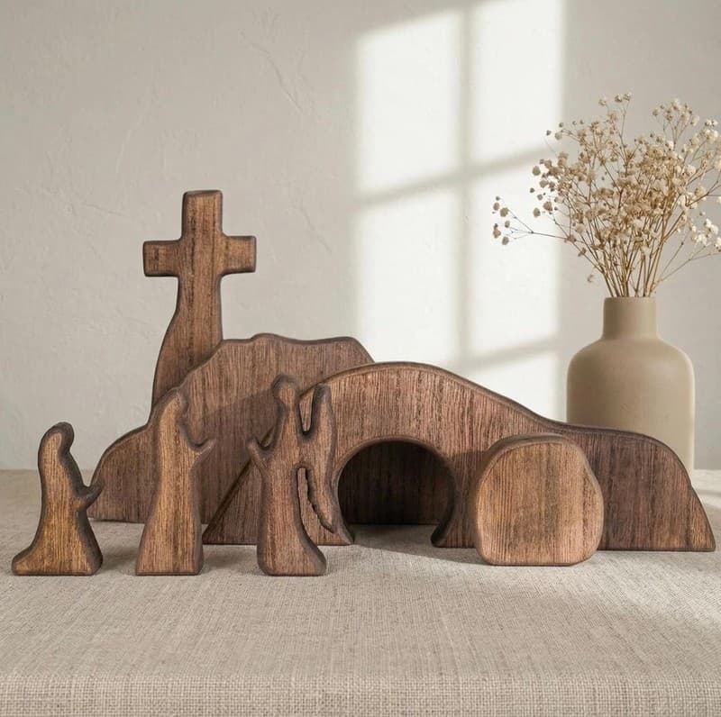 NEROSUN Wooden Easter Resurrection Scene Cross Jesus Tomb Tray Set, Brown Tablet - Thumbnail 6