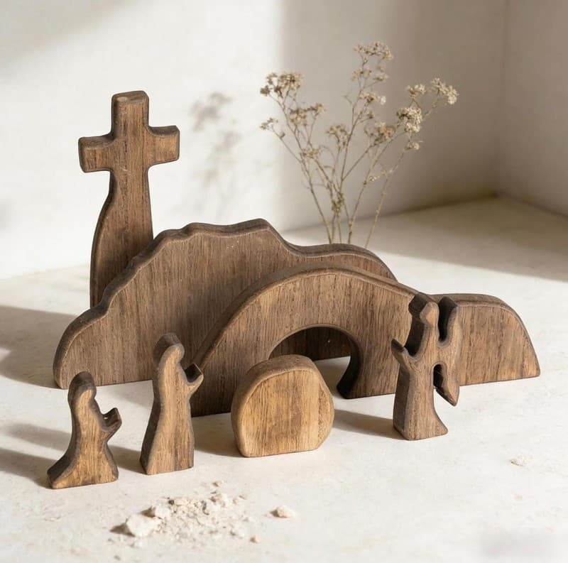 NEROSUN Wooden Easter Resurrection Scene Cross Jesus Tomb Tray Set, Brown Tablet - Thumbnail 4