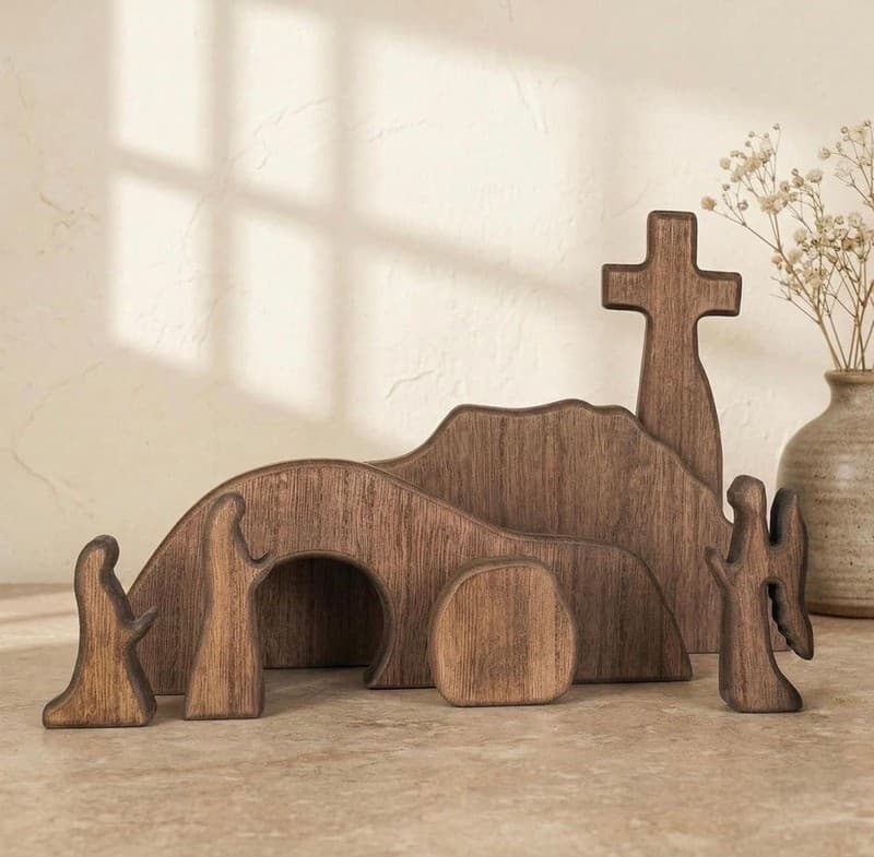 NEROSUN Wooden Easter Resurrection Scene Cross Jesus Tomb Tray Set, Brown Tablet - Thumbnail 5