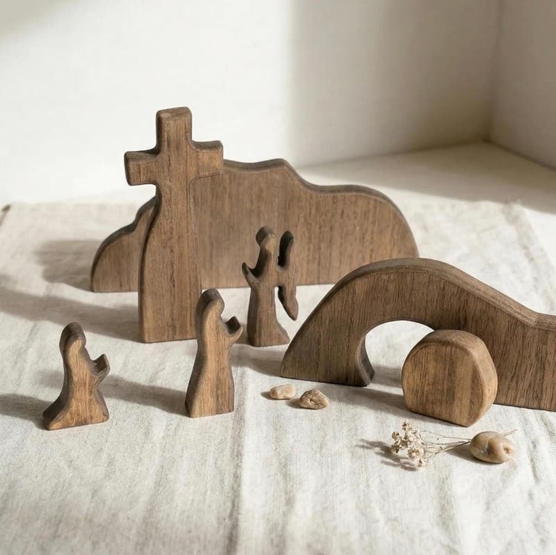 NEROSUN Wooden Easter Resurrection Scene Cross Jesus Tomb Tray Set, Brown Tablet - Thumbnail 7