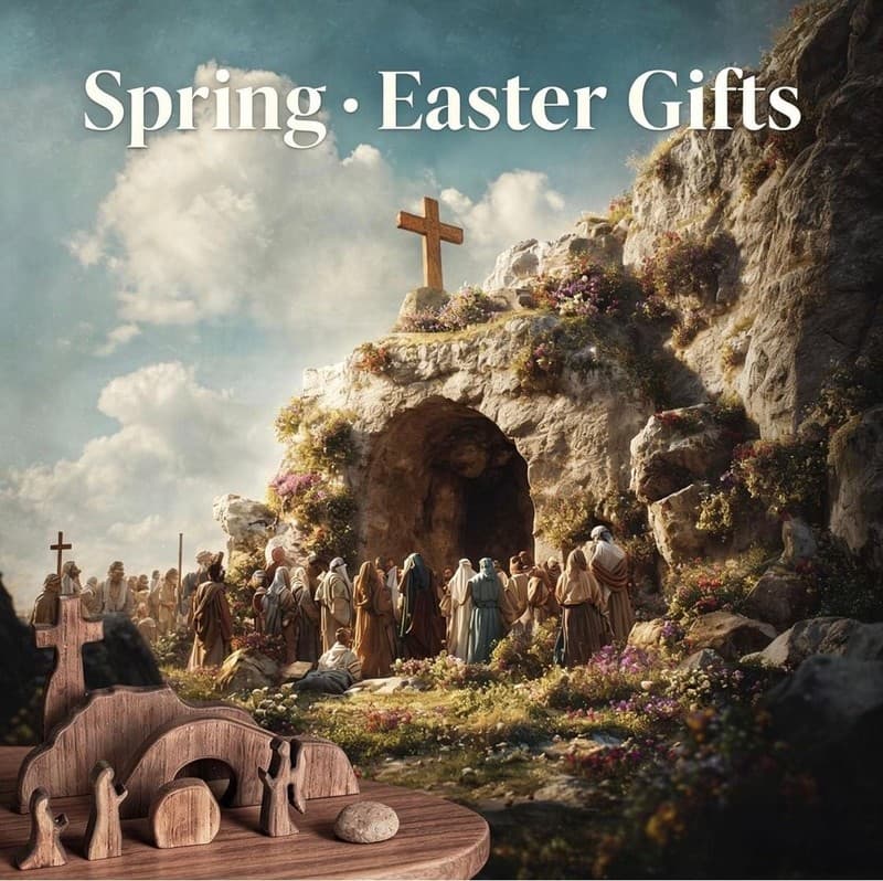 NEROSUN Wooden Easter Resurrection Scene Cross Jesus Tomb Tray Set, Brown Tablet - Thumbnail 3