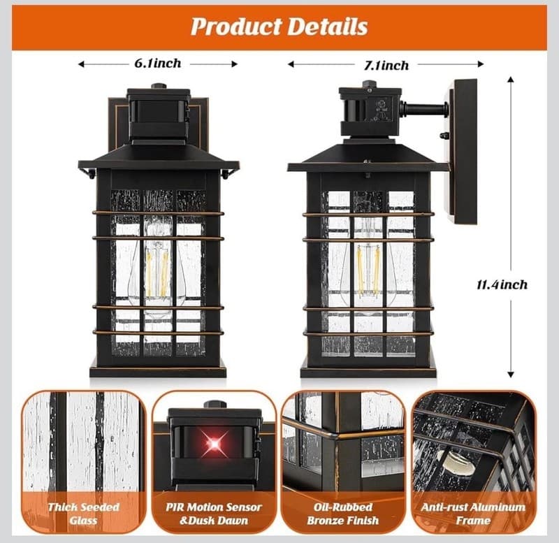 Motion Sensor Outdoor Wall Light, Dusk to Dawn Oil-Rubbed Bronze Exterior Wall L - Thumbnail 6