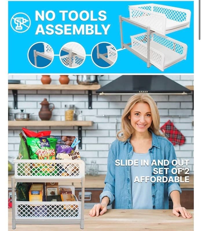 Skywin 2-Tier Sliding Cabinet Pull Out Organizer, White Plastic Storage Drawers - Thumbnail 3