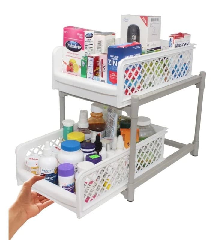 Skywin 2-Tier Sliding Cabinet Pull Out Organizer, White Plastic Storage Drawers