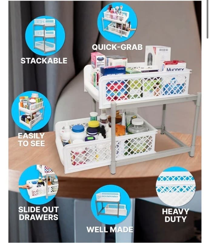 Skywin 2-Tier Sliding Cabinet Pull Out Organizer, White Plastic Storage Drawers - Thumbnail 5