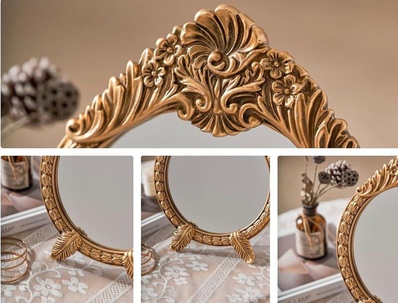 HSDDHOME Small Vintage Round Gold Vanity Mirror – 9.5" x 12.5" Baroque Arched - Thumbnail 4