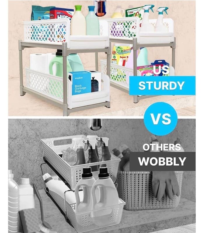 Skywin 2-Tier Sliding Cabinet Pull Out Organizer, White Plastic Storage Drawers - Thumbnail 2