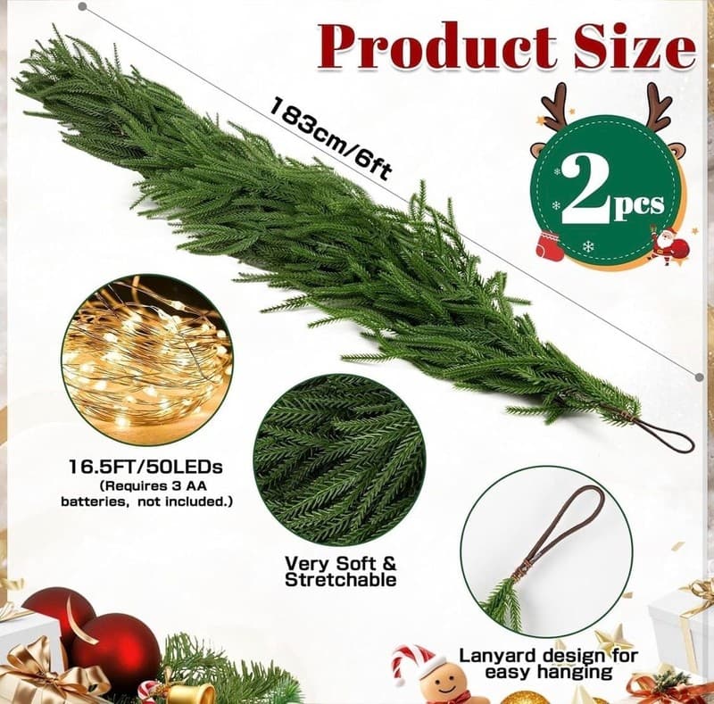 HYPERZOO 2-Pack 6FT Realistic Norfolk Pine Christmas Garland, Real Touch Artific - Thumbnail 8