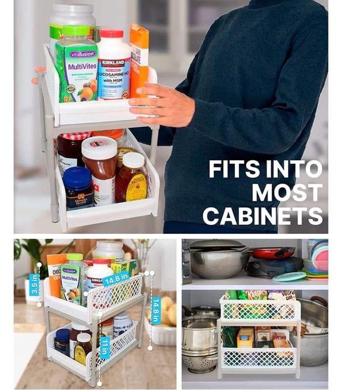 Skywin 2-Tier Sliding Cabinet Pull Out Organizer, White Plastic Storage Drawers - Thumbnail 4