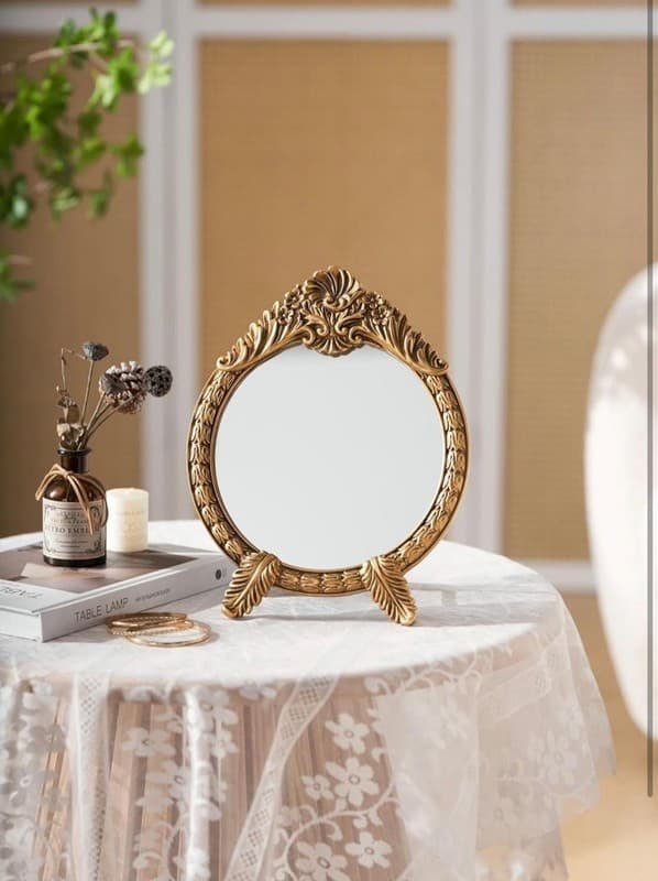 HSDDHOME Small Vintage Round Gold Vanity Mirror – 9.5" x 12.5" Baroque Arched - Thumbnail 2
