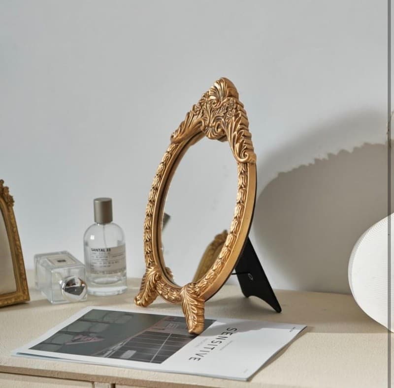 HSDDHOME Small Vintage Round Gold Vanity Mirror – 9.5" x 12.5" Baroque Arched - Thumbnail 6