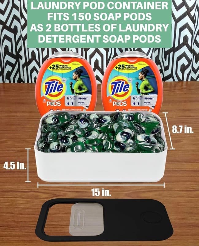 Large Laundry Pods Container with Sliding Lid, 15" x 8.7" x 4.5" Airtight Organi - Thumbnail 2