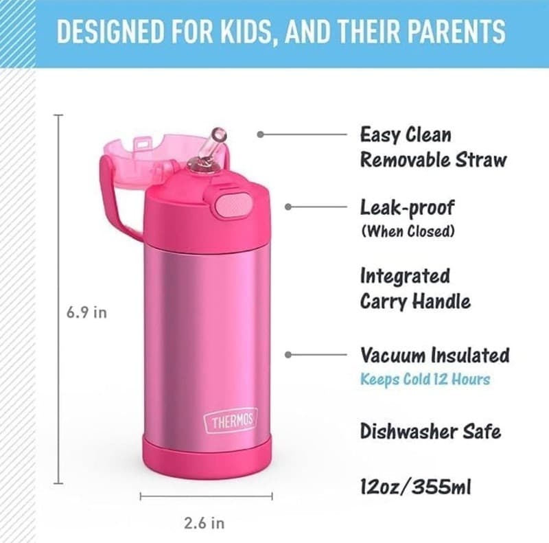 Thermos Funtainer 12oz Vacuum Insulated Stainless Steel Kids Straw Bottle, Pink - Thumbnail 2