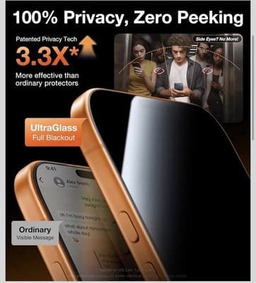 UltraGlass TOP 9H+ Armor for iPhone 17 Privacy Screen Protector No.1 Military... - Thumbnail 3