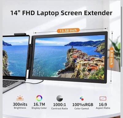 MAGICRAVEN Laptop Screen Extender, 14 1080P IPS Portable Monitor Travel Monit... - Thumbnail 3