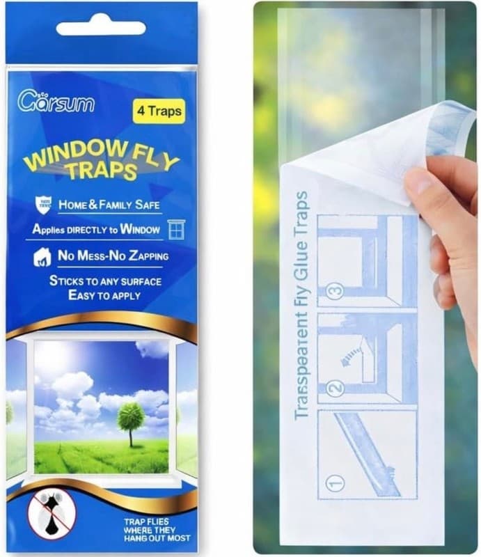 Garsum Window Fly Traps Indoor Transparent Sticky Glue Strips, 4 Count
