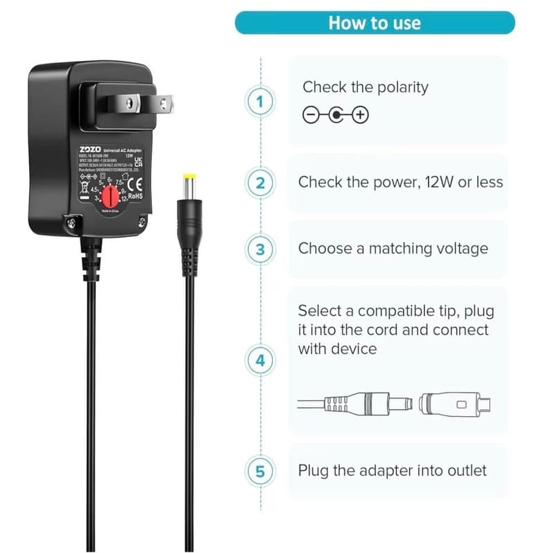 ZOZO 12W Universal AC to DC Power Adapter 3V-12V Adjustable Multi-Voltage Switch - Thumbnail 7