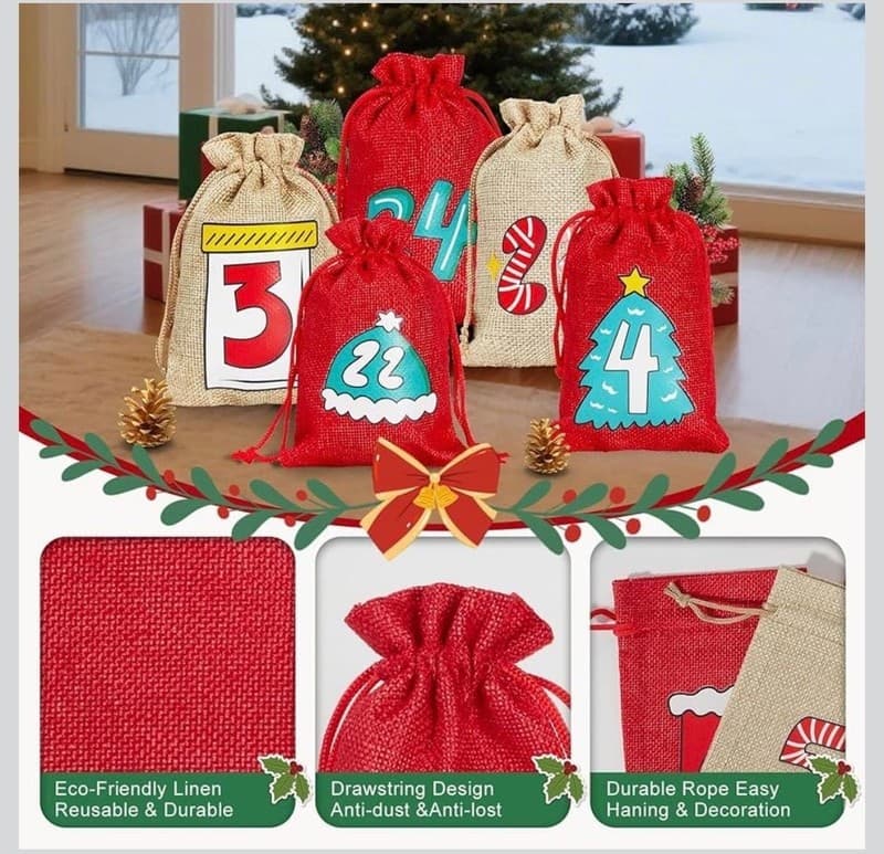 24 Pcs Christmas Advent Calendar Bags Countdown 24 Days Drawstring Gift Pouch Se - Thumbnail 7
