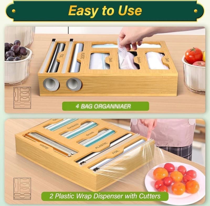 KOCWELL 6-in-1 Bamboo Bag Storage Organizer and Dispenser with Foil/Plastic Wrap - Thumbnail 5