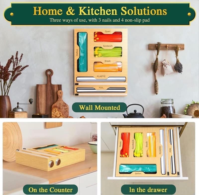 KOCWELL 6-in-1 Bamboo Bag Storage Organizer and Dispenser with Foil/Plastic Wrap - Thumbnail 8