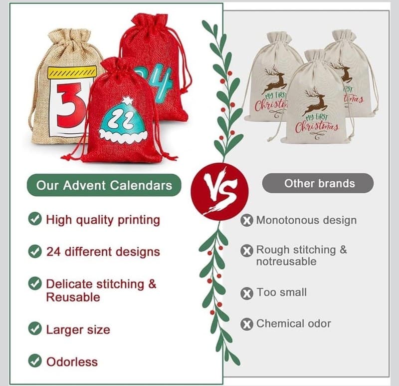 24 Pcs Christmas Advent Calendar Bags Countdown 24 Days Drawstring Gift Pouch Se - Thumbnail 6