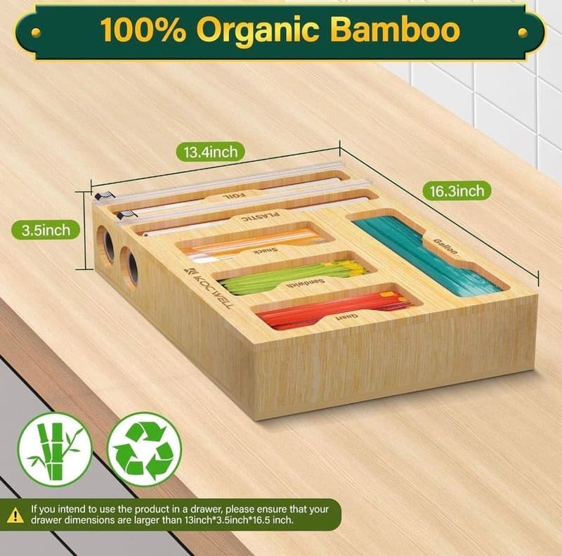 KOCWELL 6-in-1 Bamboo Bag Storage Organizer and Dispenser with Foil/Plastic Wrap - Thumbnail 2