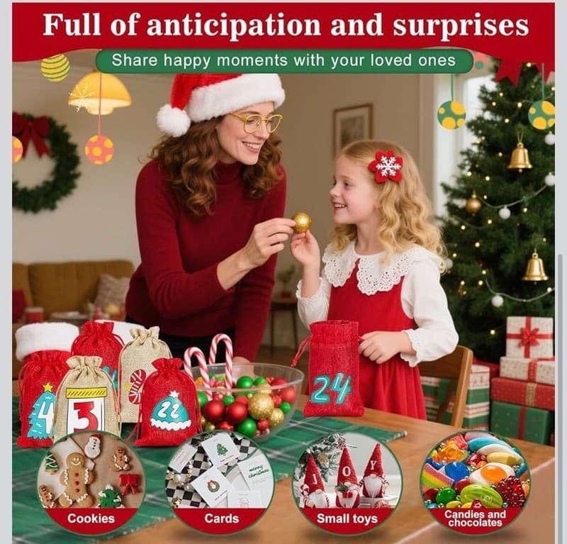 24 Pcs Christmas Advent Calendar Bags Countdown 24 Days Drawstring Gift Pouch Se - Thumbnail 4