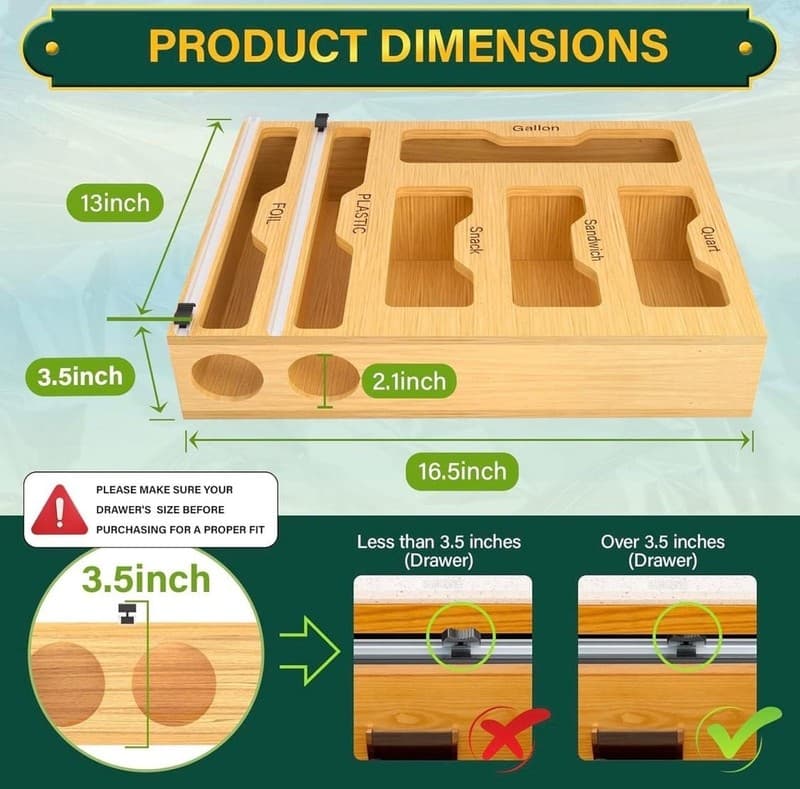 KOCWELL 6-in-1 Bamboo Bag Storage Organizer and Dispenser with Foil/Plastic Wrap - Thumbnail 3