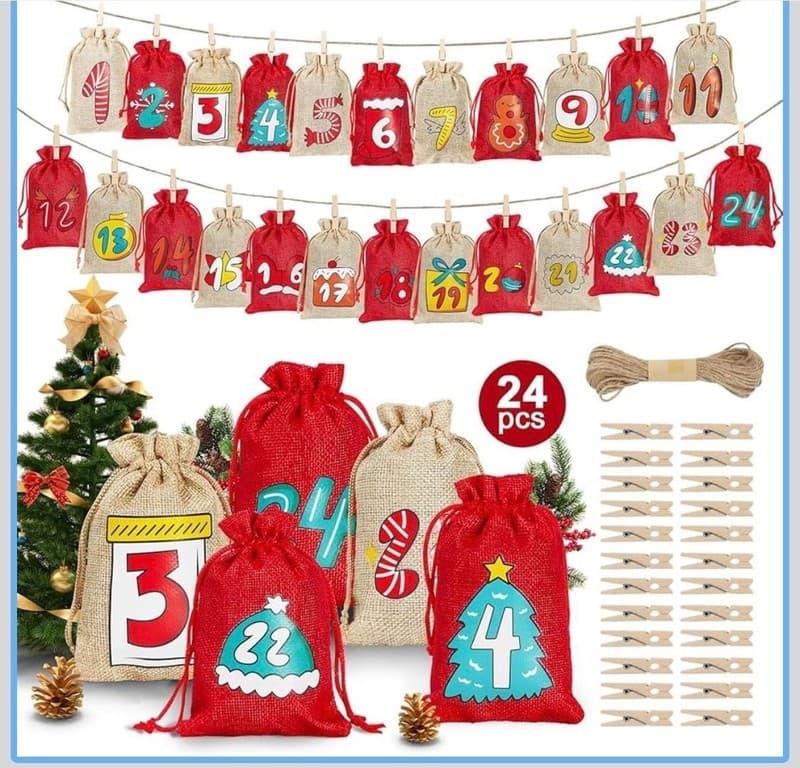 24 Pcs Christmas Advent Calendar Bags Countdown 24 Days Drawstring Gift Pouch Se