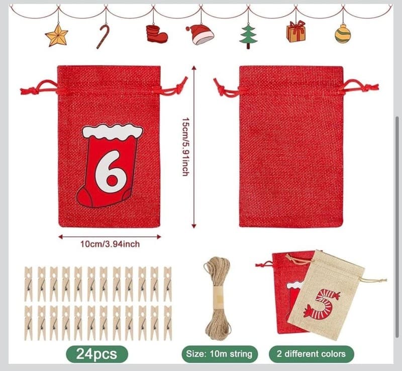 24 Pcs Christmas Advent Calendar Bags Countdown 24 Days Drawstring Gift Pouch Se - Thumbnail 3