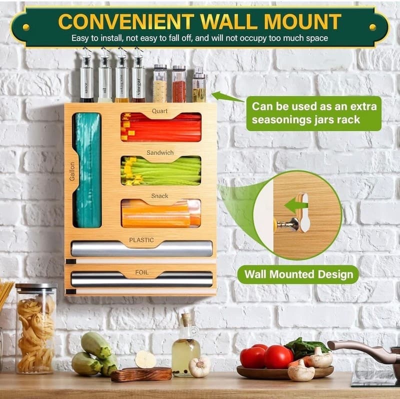 KOCWELL 6-in-1 Bamboo Bag Storage Organizer and Dispenser with Foil/Plastic Wrap - Thumbnail 6