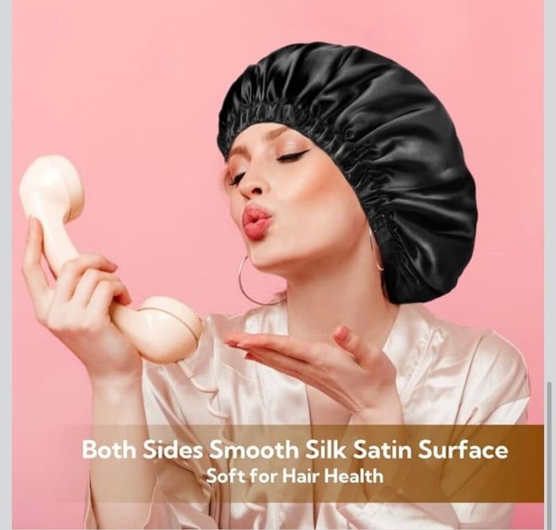 Silk Satin Sleep Bonnet - Black Night Cap for Hair Protection - Thumbnail 5