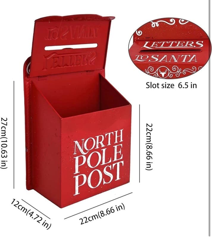 Red Distressed Metal Letters to Santa North Pole Post Wall Mount Mailbox - Thumbnail 2
