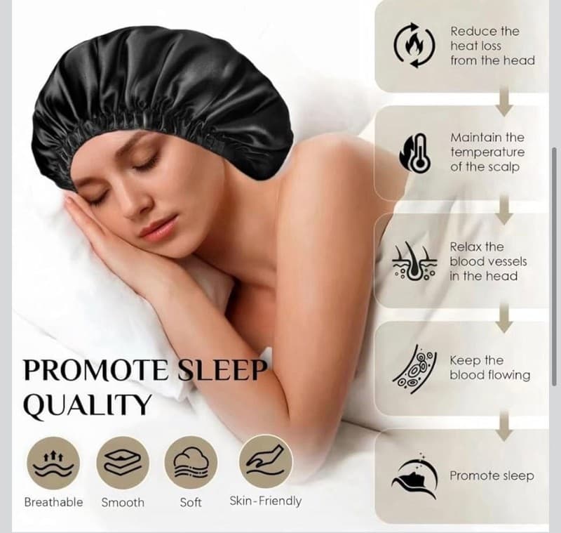 Silk Satin Sleep Bonnet - Black Night Cap for Hair Protection - Thumbnail 3