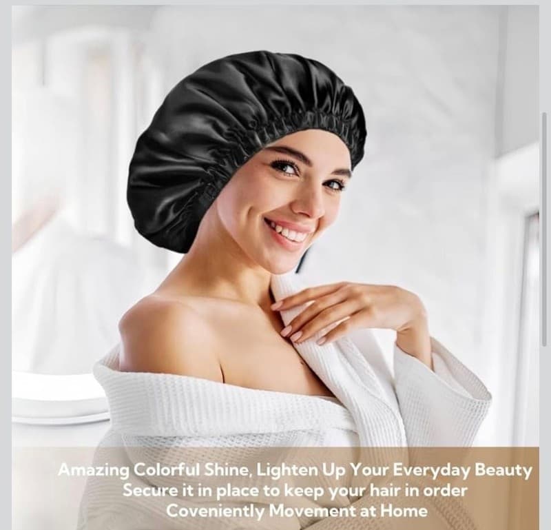 Silk Satin Sleep Bonnet - Black Night Cap for Hair Protection - Thumbnail 4