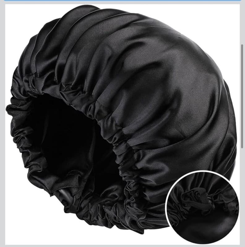 Silk Satin Sleep Bonnet - Black Night Cap for Hair Protection - Thumbnail 2