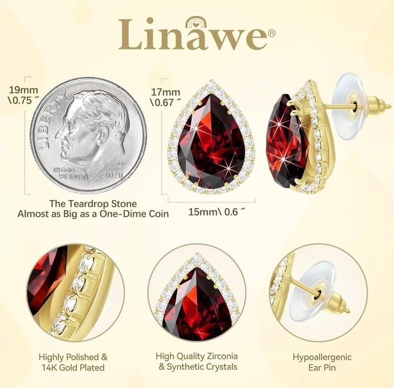Linawe 14K Gold Plated Red Teardrop Stud Earrings with Cubic Zirconia Halo - Thumbnail 2