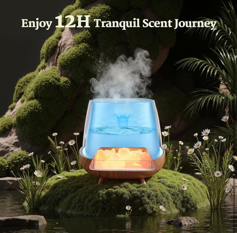 4-in-1 Wood Grain Aroma Diffuser and Himalayan Salt Lamp with Flame Effect Mist - Thumbnail 7