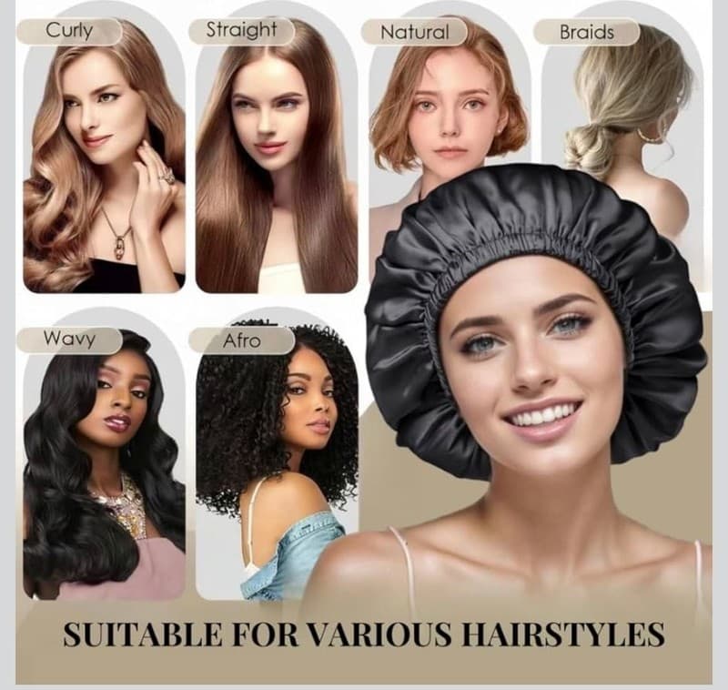 Silk Satin Sleep Bonnet - Black Night Cap for Hair Protection - Thumbnail 8