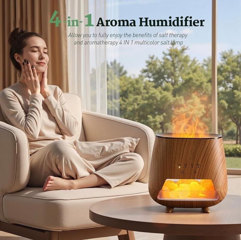4-in-1 Wood Grain Aroma Diffuser and Himalayan Salt Lamp with Flame Effect Mist - Thumbnail 2