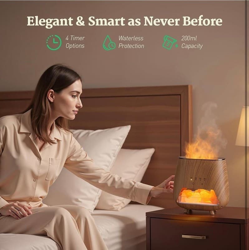 4-in-1 Wood Grain Aroma Diffuser and Himalayan Salt Lamp with Flame Effect Mist - Thumbnail 3