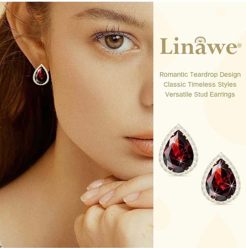 Linawe 14K Gold Plated Red Teardrop Stud Earrings with Cubic Zirconia Halo - Thumbnail 3