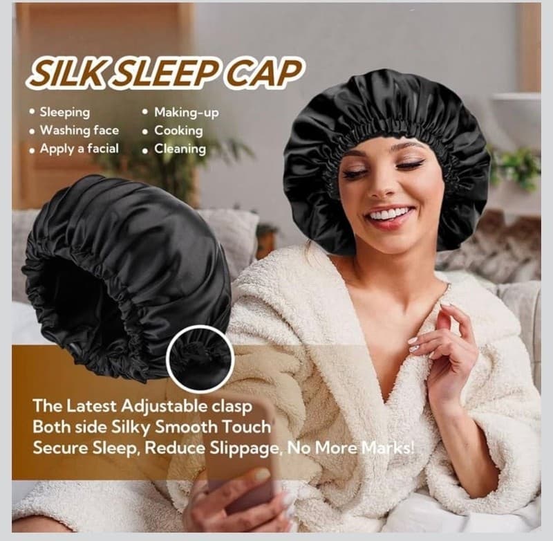 Silk Satin Sleep Bonnet - Black Night Cap for Hair Protection - Thumbnail 7