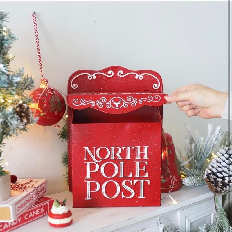 Red Distressed Metal Letters to Santa North Pole Post Wall Mount Mailbox - Thumbnail 3