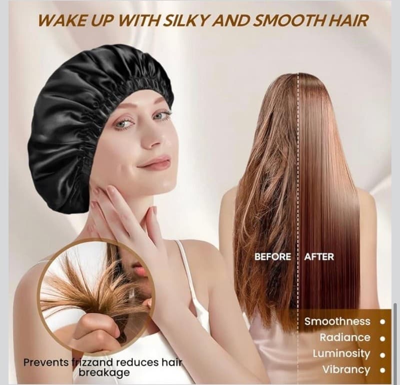 Silk Satin Sleep Bonnet - Black Night Cap for Hair Protection - Thumbnail 6