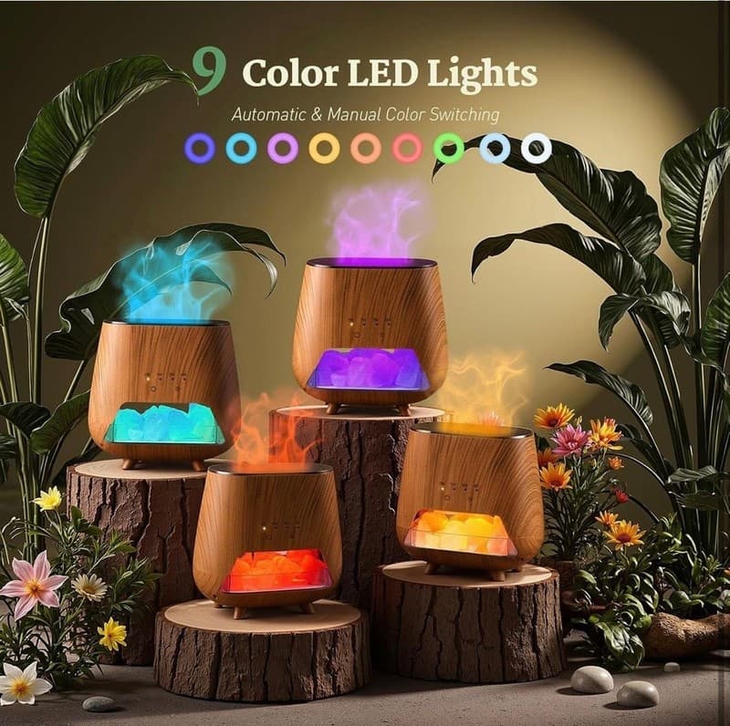 4-in-1 Wood Grain Aroma Diffuser and Himalayan Salt Lamp with Flame Effect Mist - Thumbnail 6
