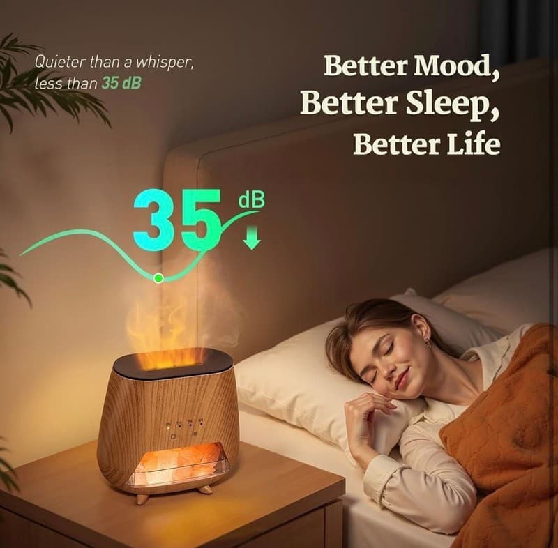 4-in-1 Wood Grain Aroma Diffuser and Himalayan Salt Lamp with Flame Effect Mist - Thumbnail 4