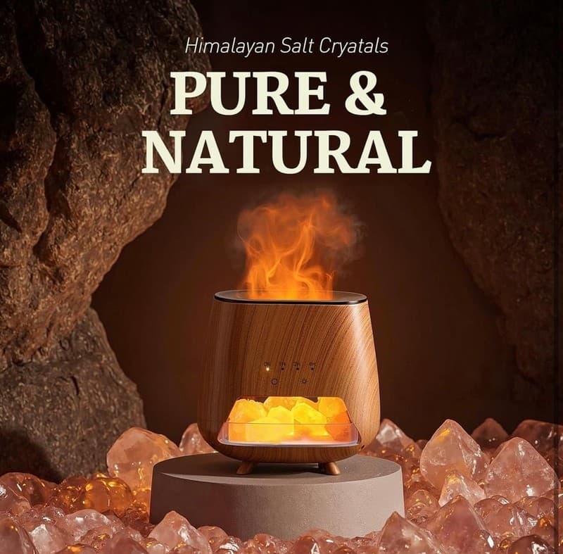 4-in-1 Wood Grain Aroma Diffuser and Himalayan Salt Lamp with Flame Effect Mist - Thumbnail 5